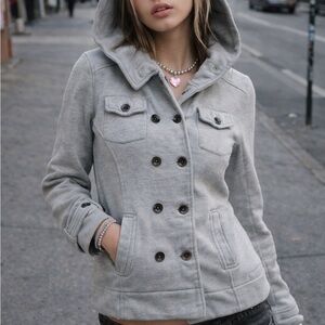Ezekiel brand Y2K Gray Hooded Peacoat Jacket | Double Breasted | Street Style